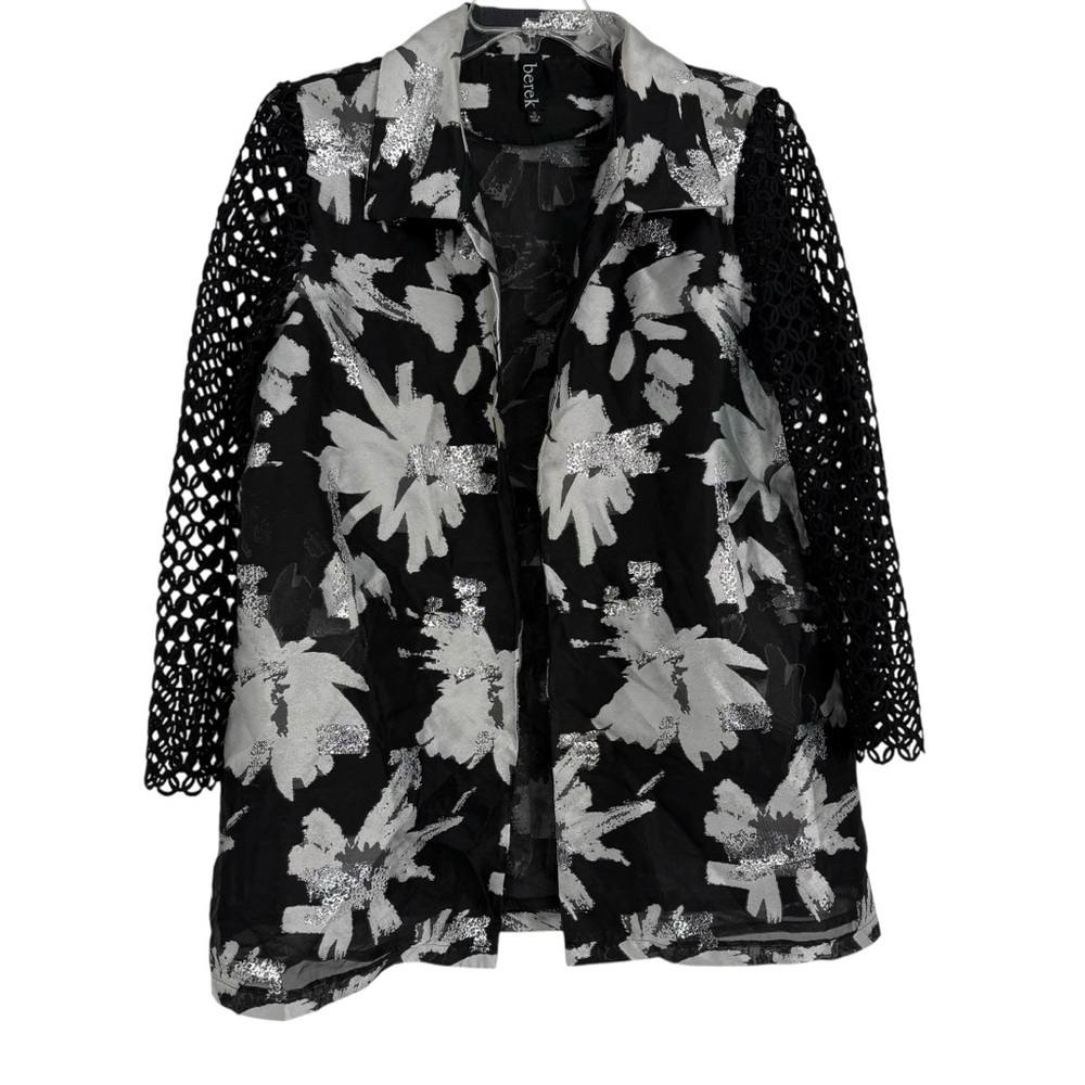 Berek Artsy Open Jacket Semi Sheer Black Silver Floral Lace Sleeves Size XL